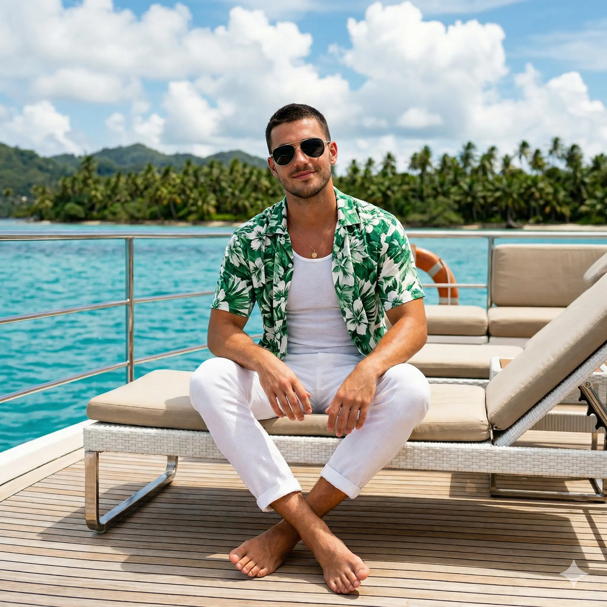 AI marketing image generation of a man relaxing on a luxury yacht, generated with Nanobanana prompts for Mahendra's digital marketing prompt library.