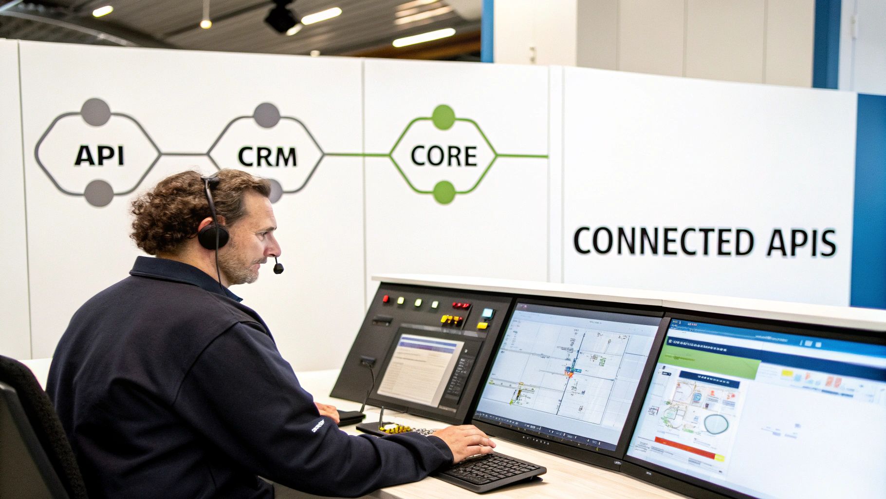 A man with a headset works at computers in a control room, with a 'Connected APIs' diagram.
