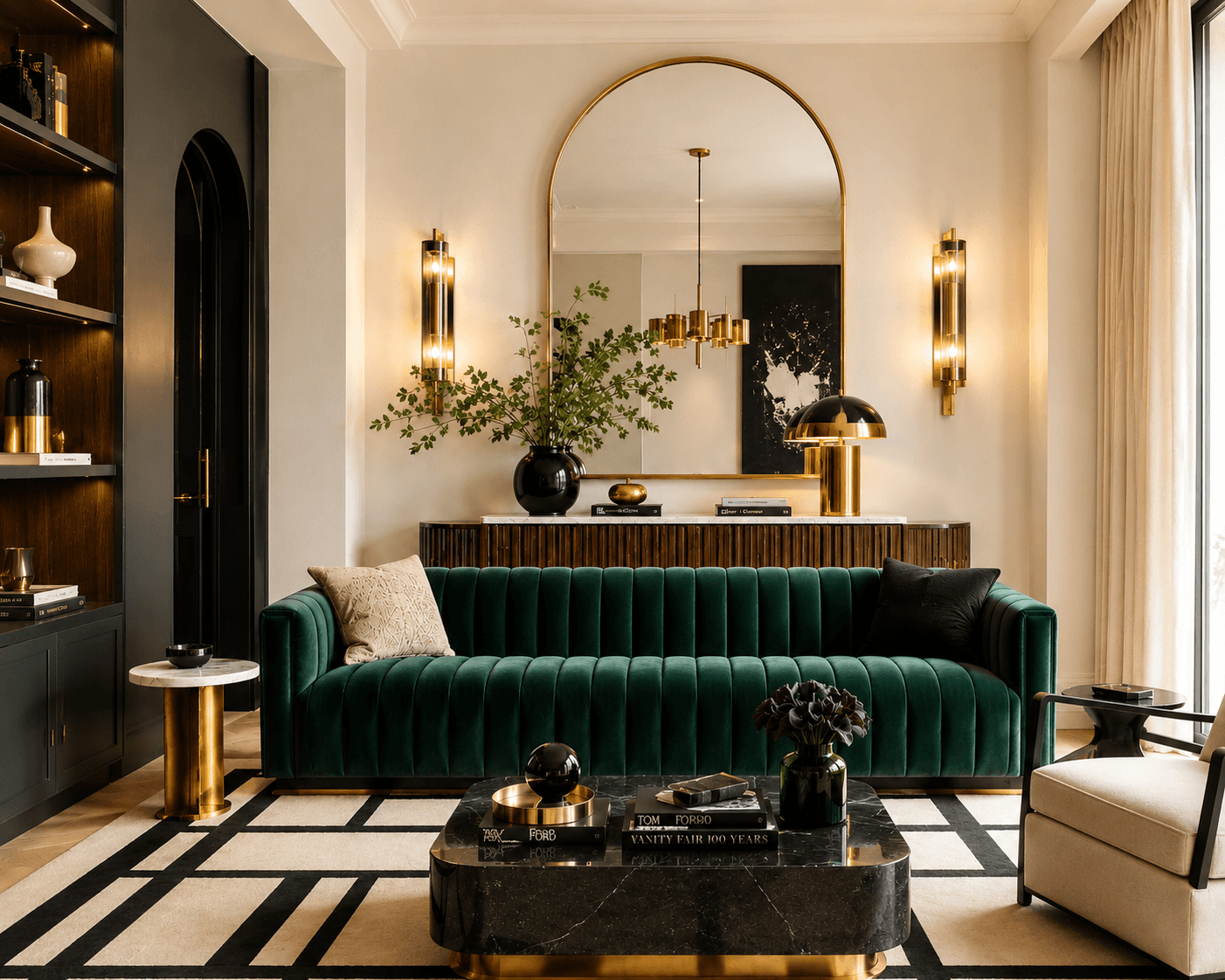 Luxury Neo Deco living room with an emerald green channel-tufted velvet sofa, oversized arched brass mirror, fluted walnut console, geometric black-and-cream rug, marble coffee table, and warm brass lighting in a modern Art Deco-inspired 2026 interior design.