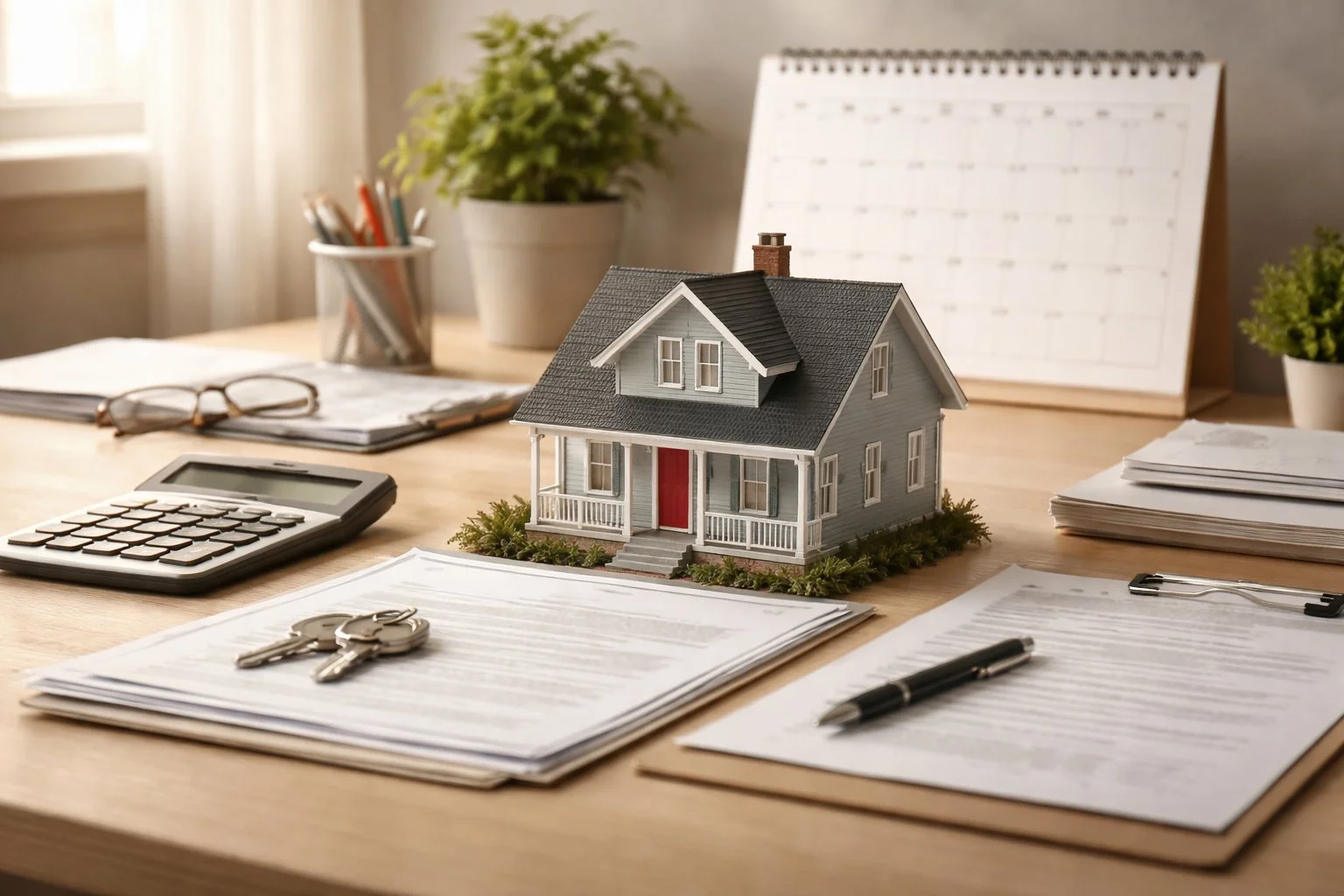 Realistic still-life of a house model on a table, surrounded by organized paperwork, a calculator, and a calendar in the background.