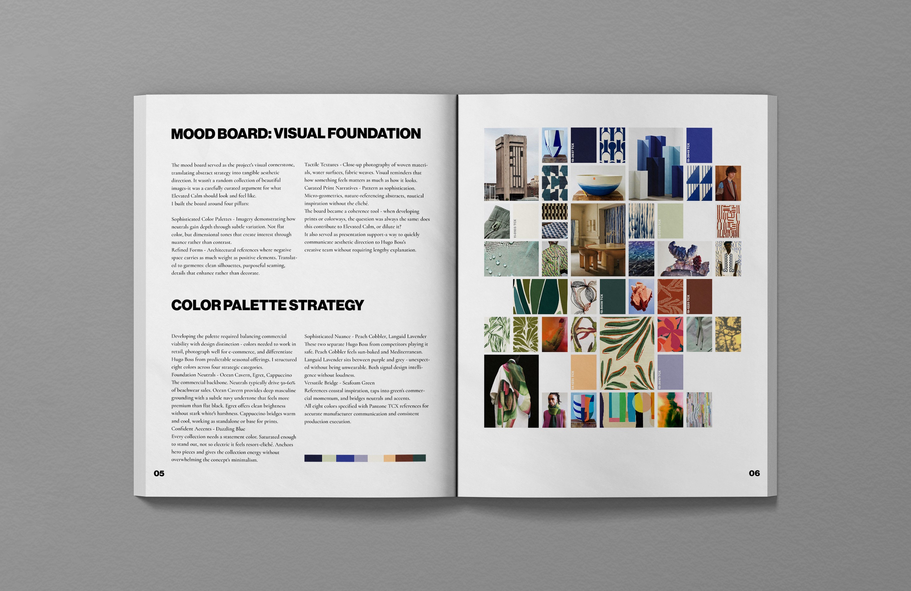 ugo Boss SS26 editorial spread, Mood Board Visual Foundation and Color Palette Strategy, curated reference images including architecture, textiles, botanicals, water surfaces, color swatches