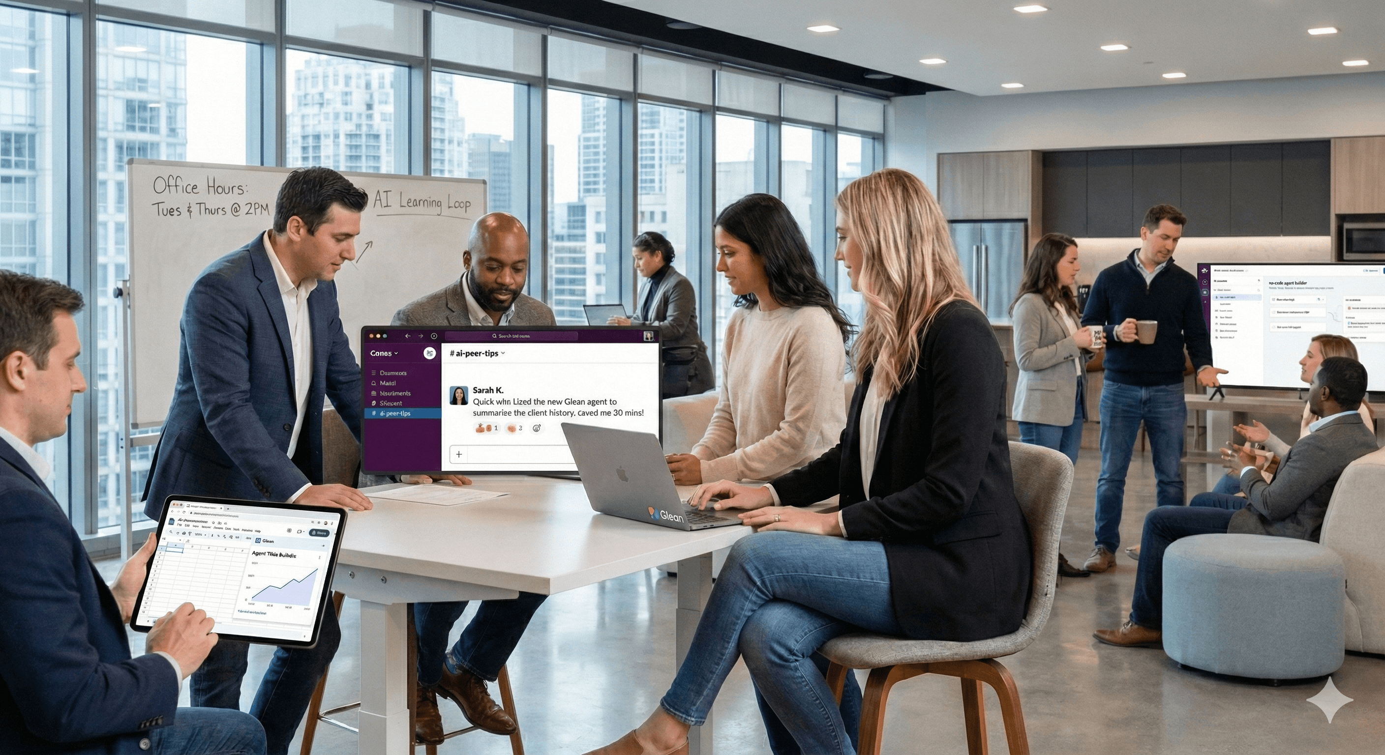 The image depicts a modern office setting where a diverse group of professionals engage with laptops and tablets, discussing and analyzing data, embodying themes of AI learning and collaboration as a part of a work environment.