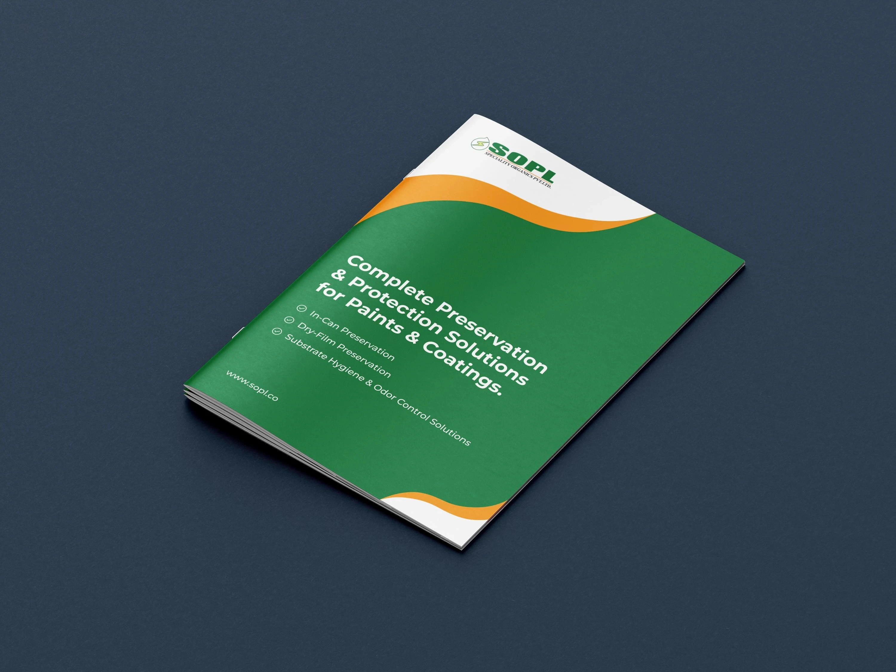 Angled green Scol? brochure on a dark background, promoting complete preservation and protection solutions for paintings and coatings.