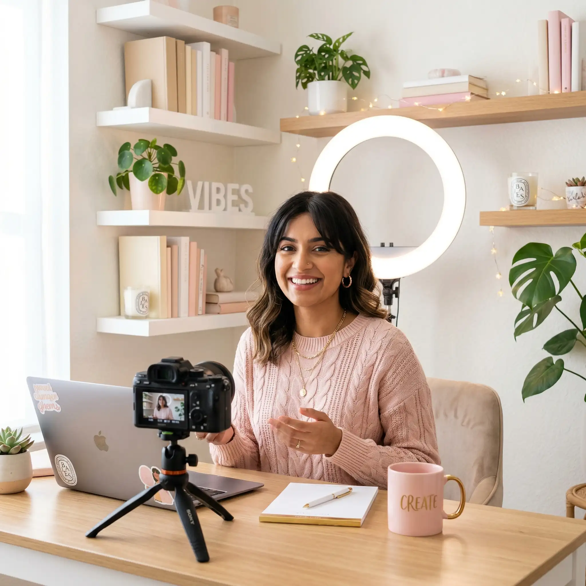 n AI-generated image of a smiling woman recording a vlog with a camera and ring light in a cozy, aesthetic home studio, used as a strategic example of an AI Influencer by AI Strategist Mahendra R.