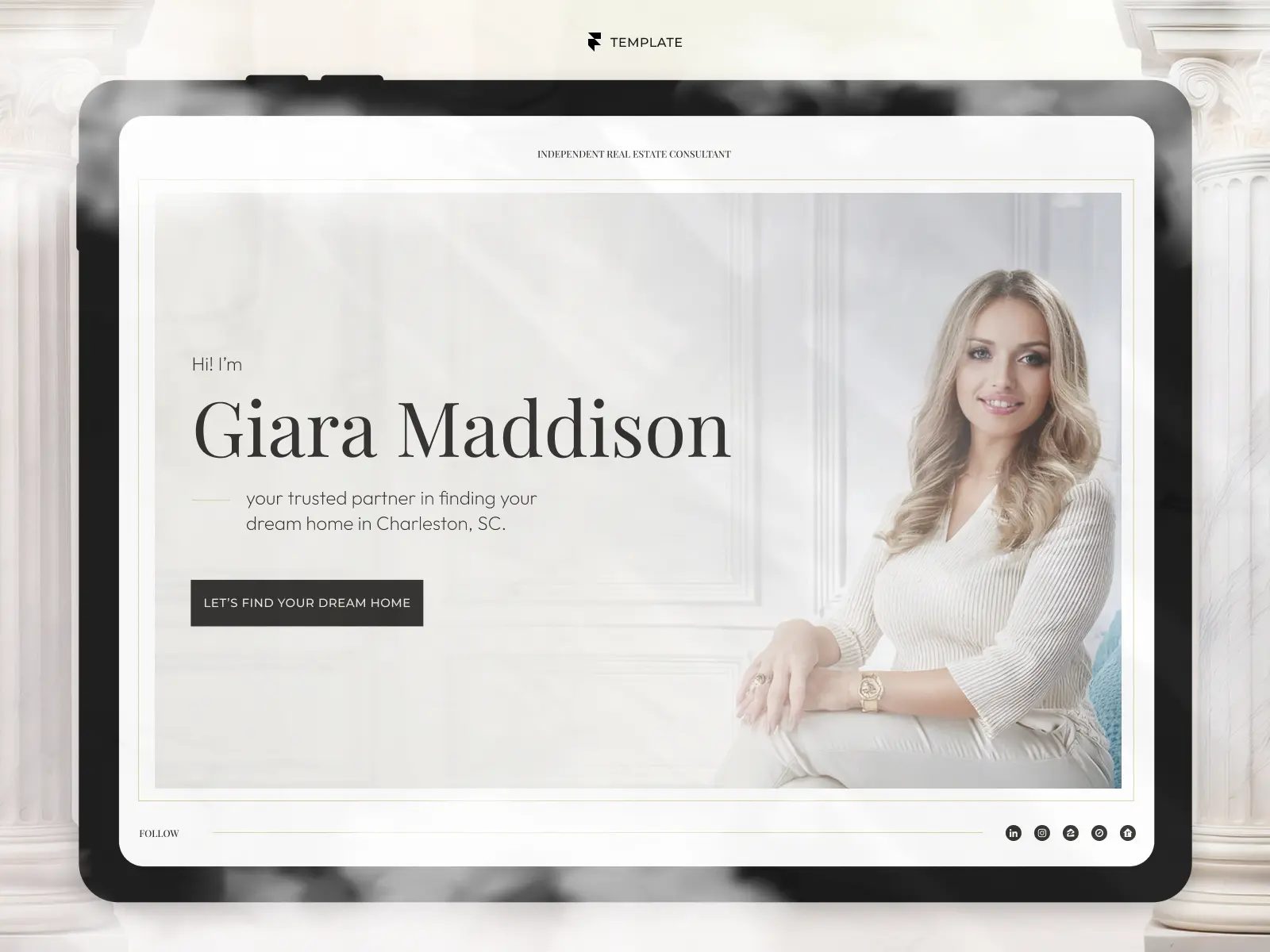 Real estate agent Framer website template displayed on a tablet featuring an elegant luxury property consultant website.
