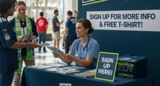 A woman sitting at a desk for the Your Attention Please breast health campaign smiling and handing a flyer to a visitor.