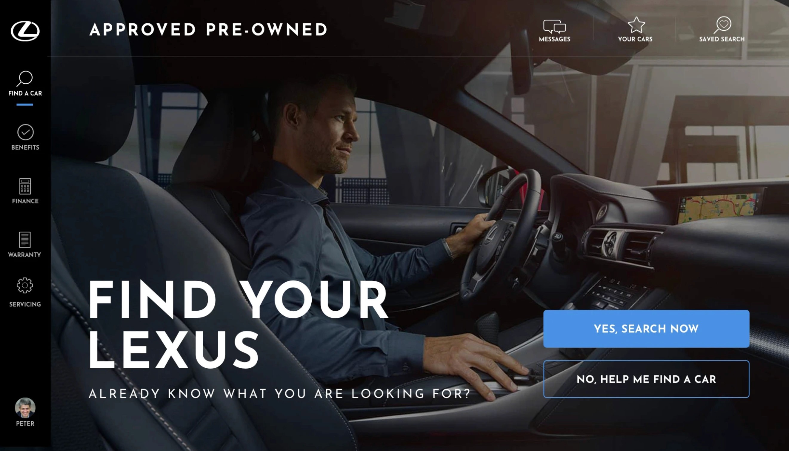 Homepage concept for Lexus pre-owned car search website