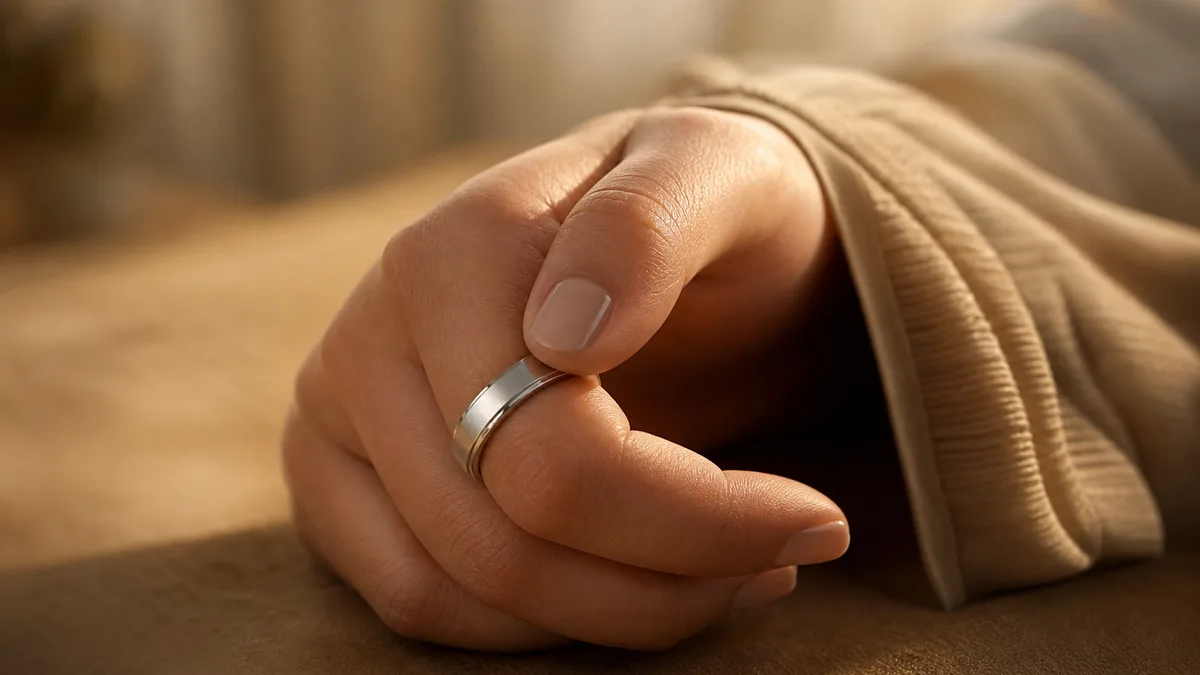 Close-up of a hand wearing a silver smart tasbih ring for offline dhikr counting
