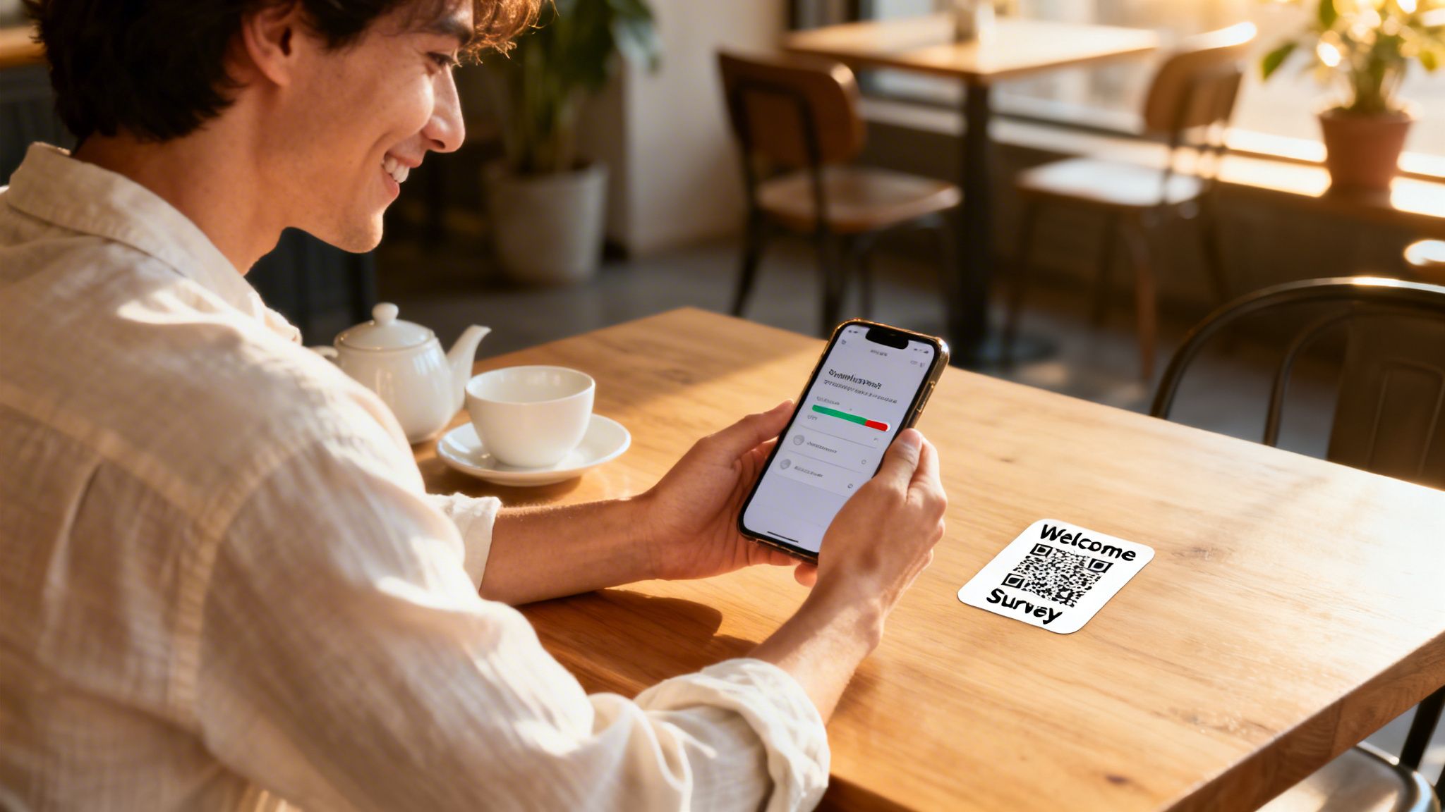 Smiling person in a cafe engaging with a survey app on a smartphone, with a QR code on the table.