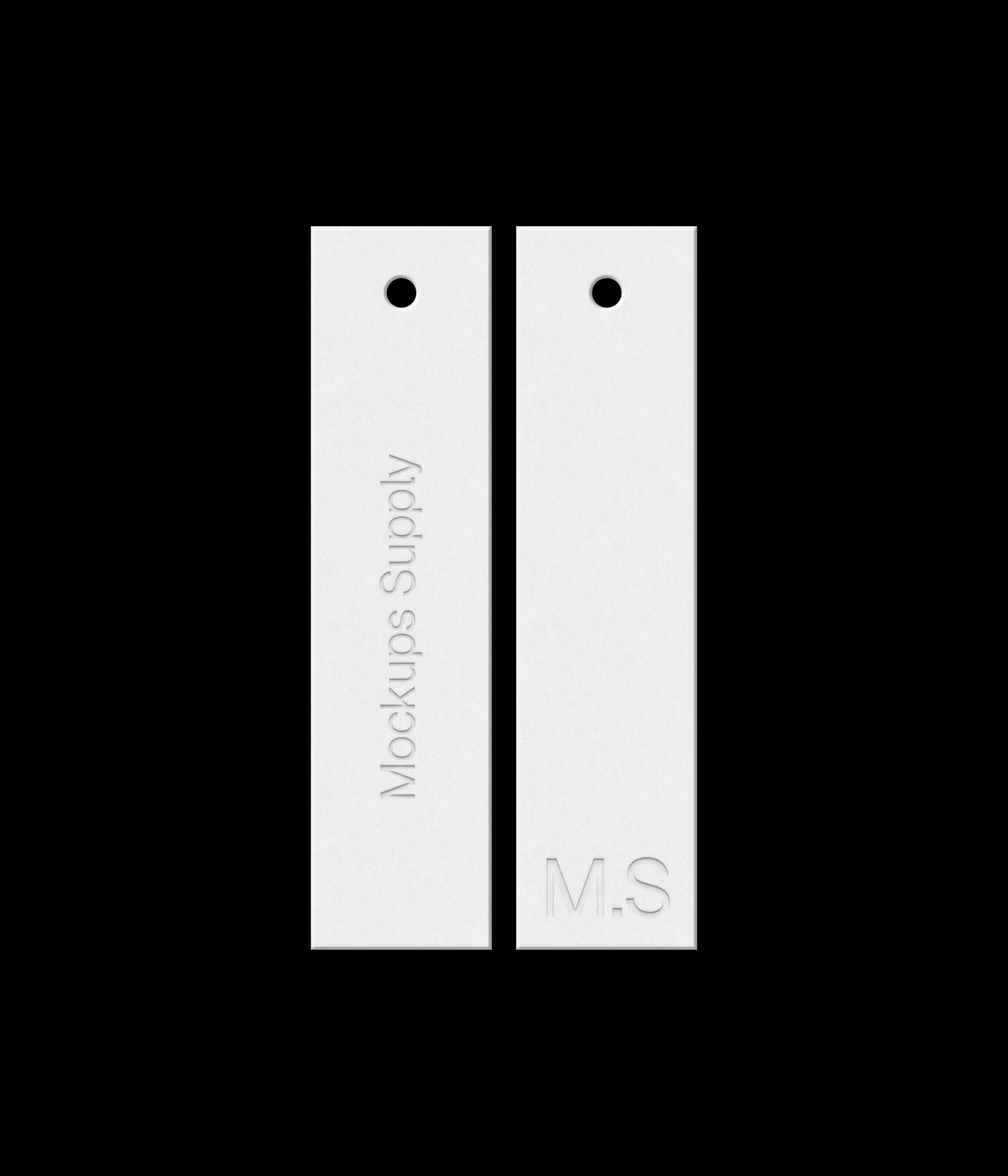 Two white 1x4 slim hang tags mockup on black background with debossed text effect for Photoshop download psd
