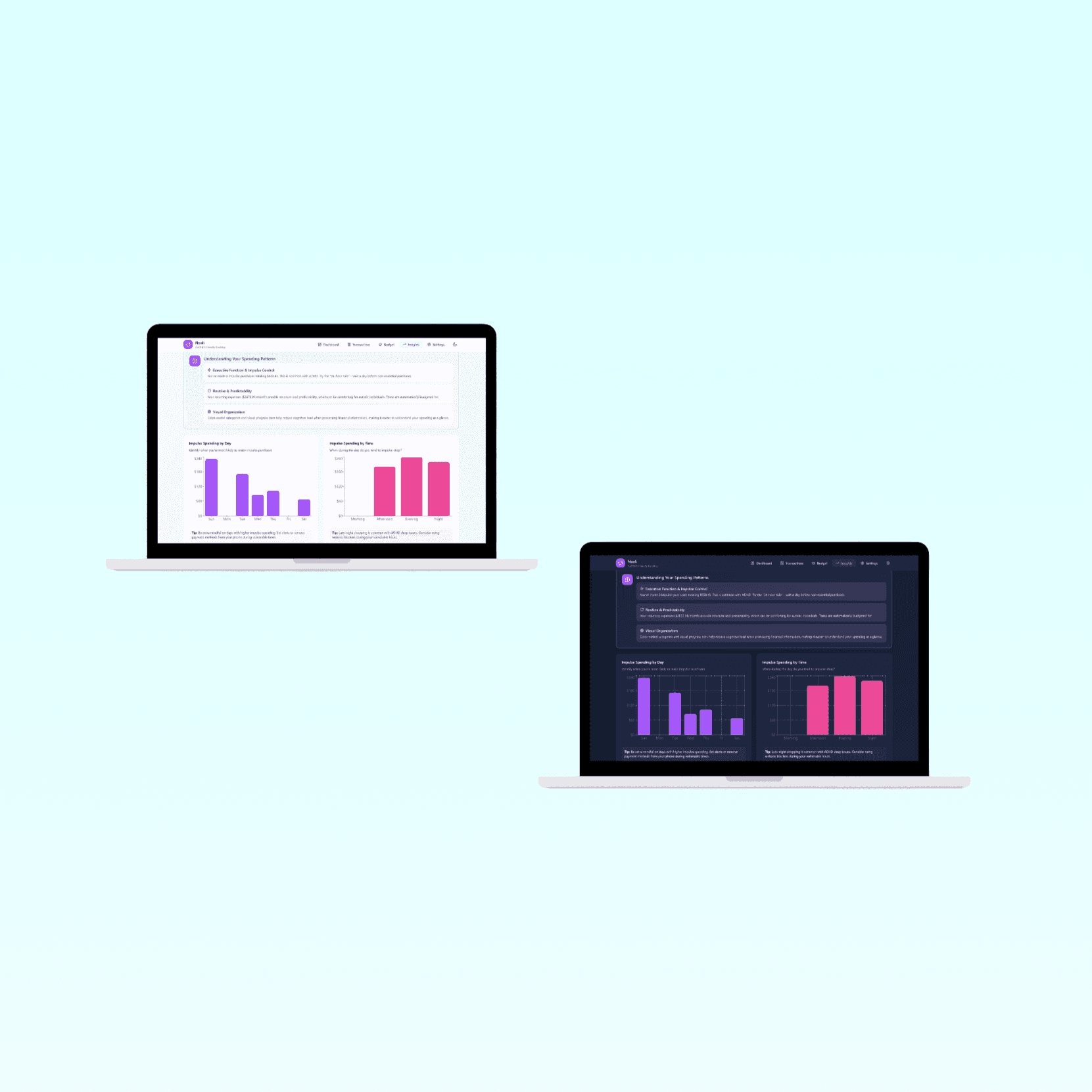 Light and dark modes of the app