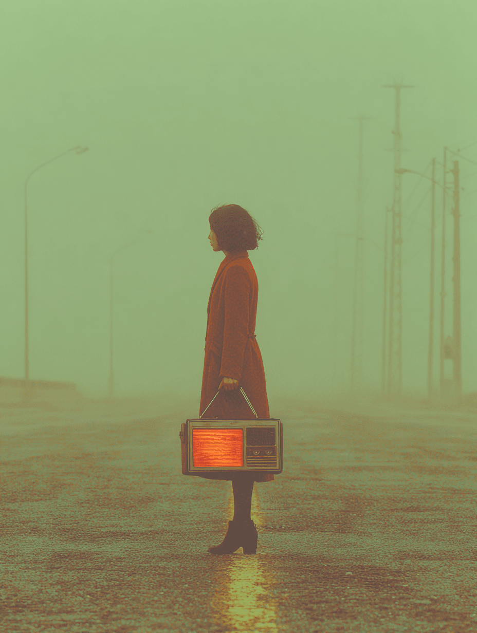 A woman in a red coat stands alone on a foggy, deserted road holding a glowing vintage television like a suitcase, surrounded by distant power poles and streetlights.