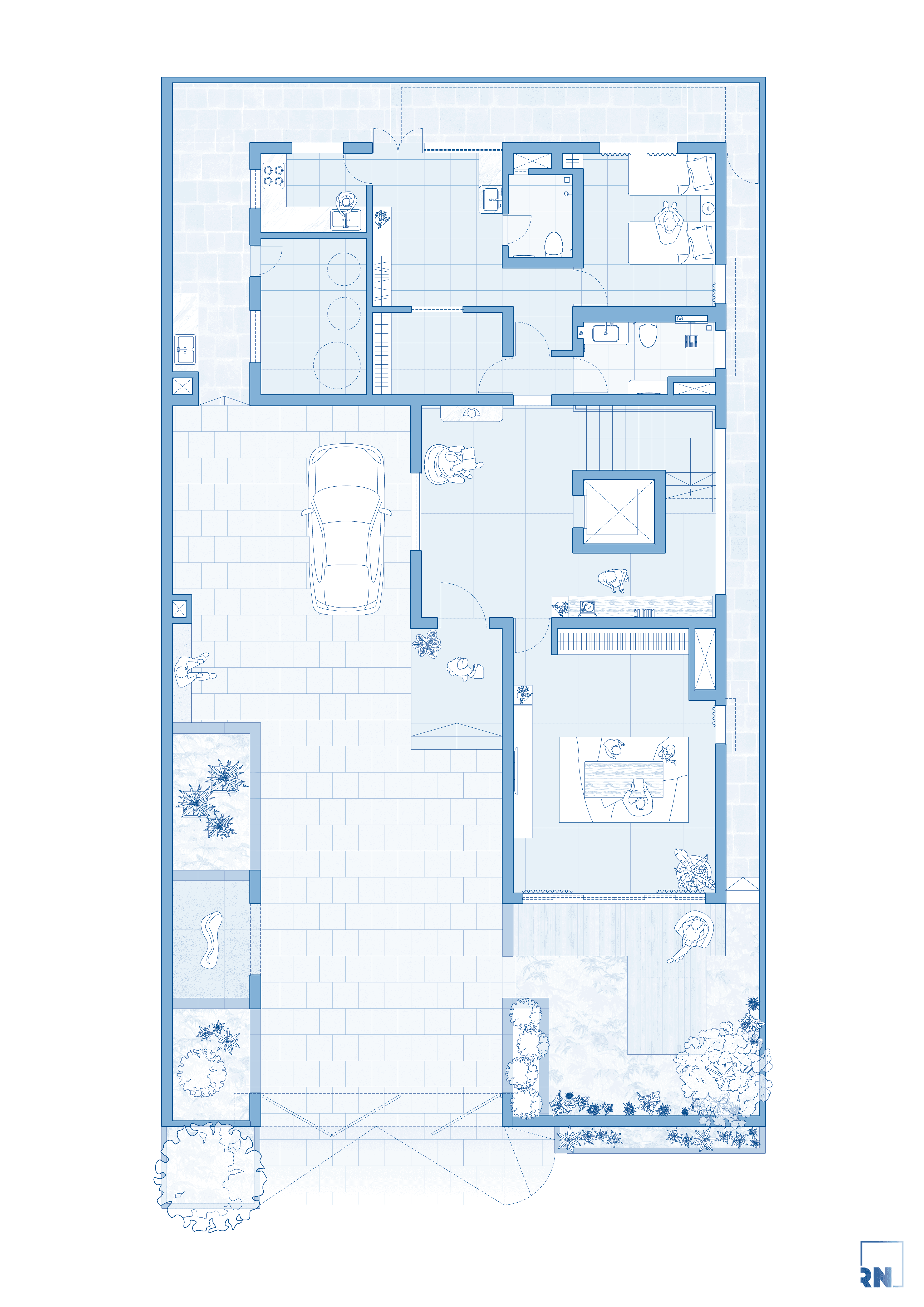 Nadumuttram, Karur – ground floor plan with living spaces opening into a central courtyard, designed by Rooted Narratives, Bengaluru. 