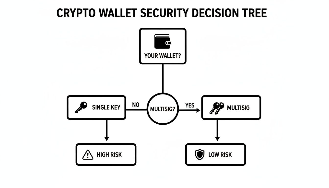 A crypto wallet security decision tree explaining that multisig offers low risk, while a single key carries high risk.