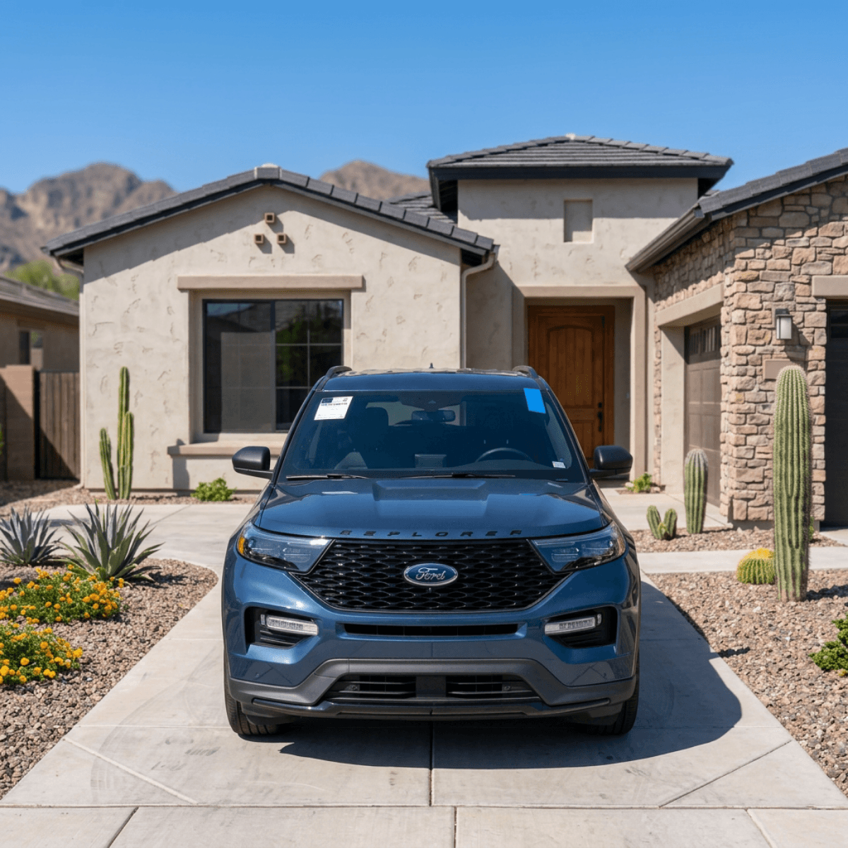 Blue Ford Edge stationed in a Prescott Valley driveway with saguaro cacti after a complete windshield swap
