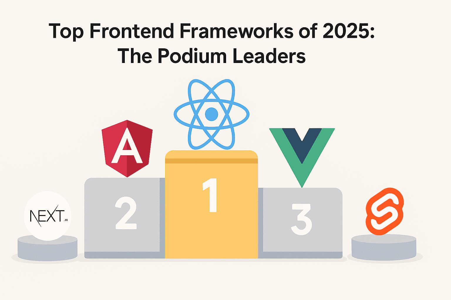 Landscape vector illustration showing React, Angular, and Vue on a podium as top frameworks, with Next.js and Svelte on smaller platforms as major contenders in 2025