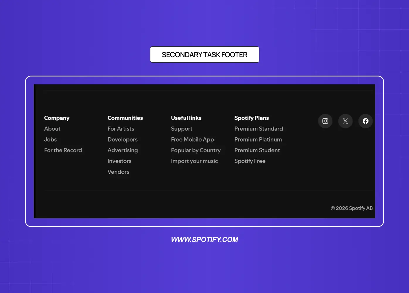 Footer designed for secondary actions such as company information, product plans, and social links.