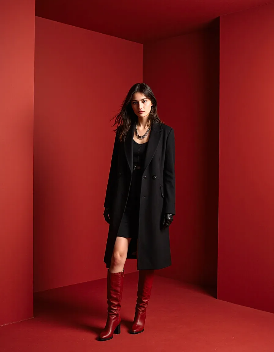 Woman in black coat and red boots posing in bold red studio room for fashion photography shoot