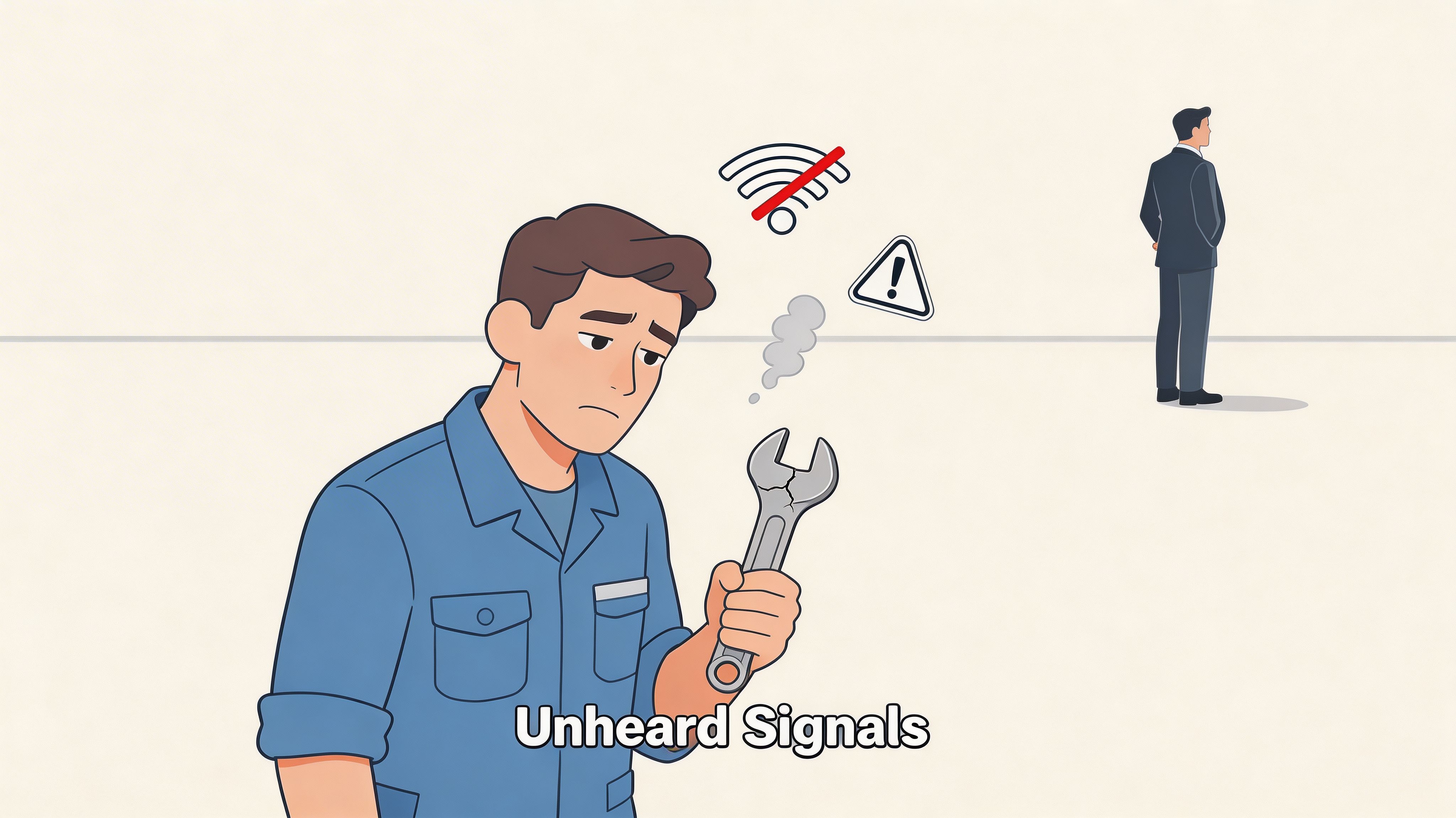 An illustration of a distressed repair technician holding a broken wrench while an ignored businessman watches nearby.