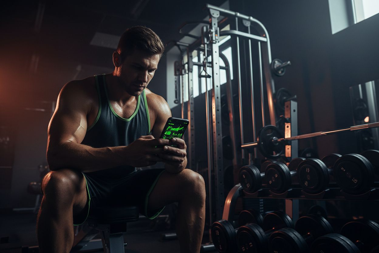 Una persona revisando una app de entrenamiento en un teléfono junto a equipo de gimnasio