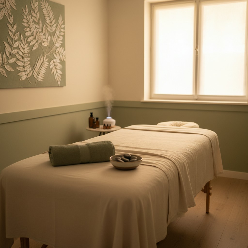 An empty treatment room with a made-up table after a session