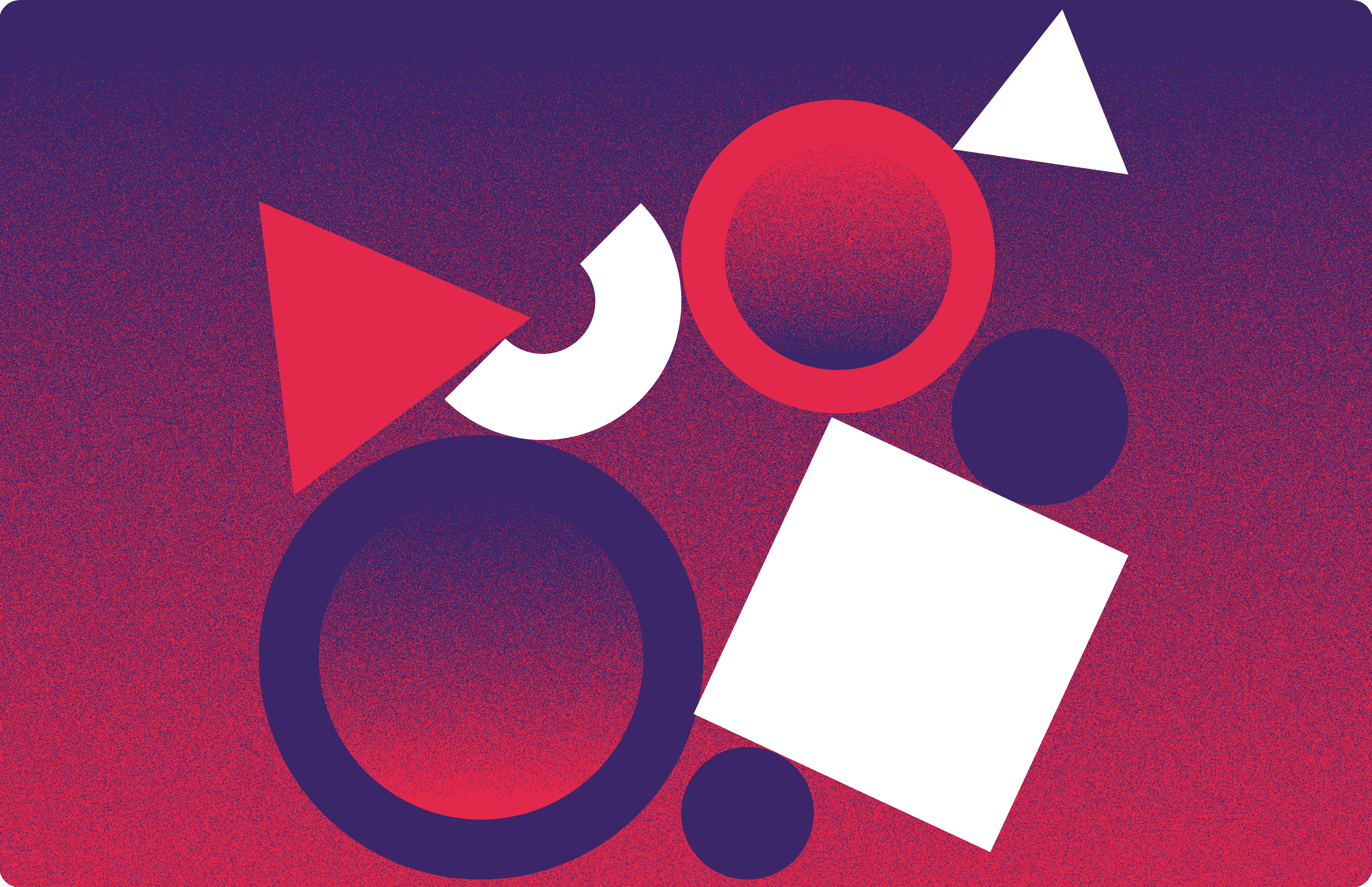 Ilustração abstrata com formas geométricas sobre um fundo degradê roxo e vermelho. Elementos como círculos, triângulos e quadrados em tons de vermelho, branco e roxo criam uma composição dinâmica e vibrante.