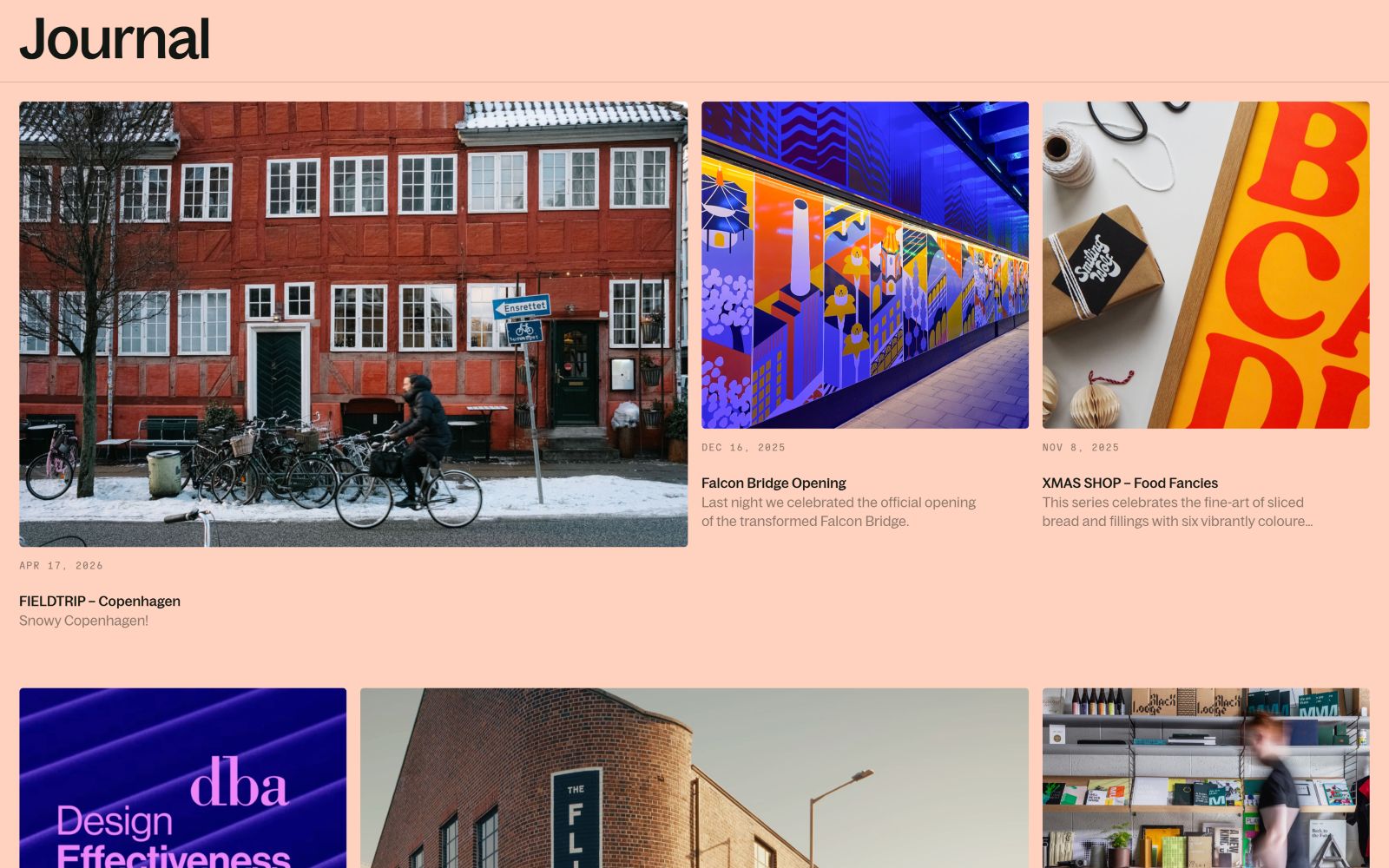 Journal page showcasing Copenhagen building, night street mural, food display, design effectiveness book, and store interior.