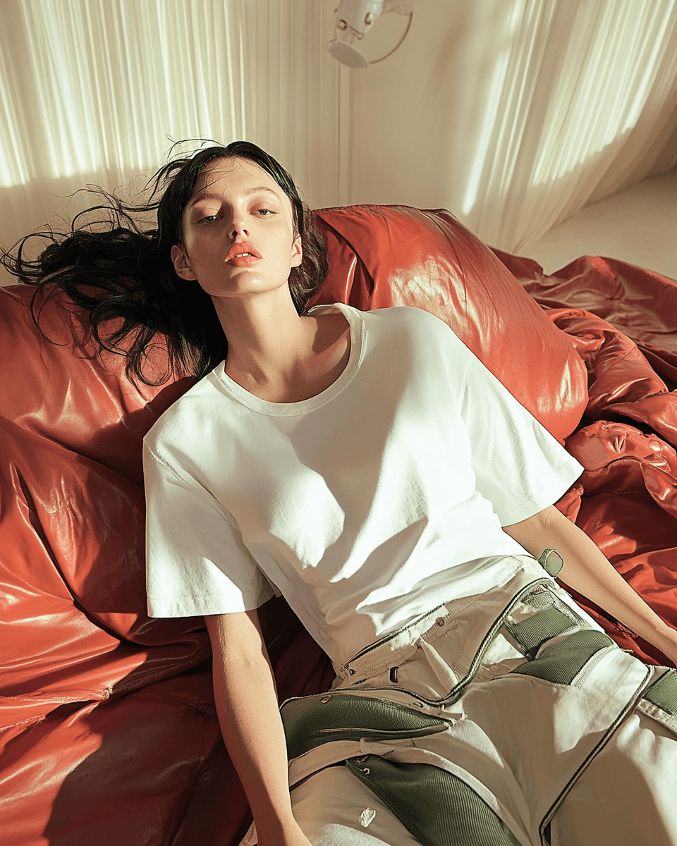 High-fashion editorial portrait of a woman lounging on a red leather couch, wearing a minimalist white T-shirt and avant-garde utility pants. The natural sunlight and soft draped background create a luxury aesthetic, embodying 9R Studios’ approach to contemporary fashion photography, creative brand visuals, and high-end content production.