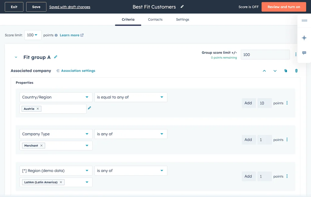 HubSpot Lead Scoring settings page 2026 showing the positive and negative scoring rules with point values per rule.