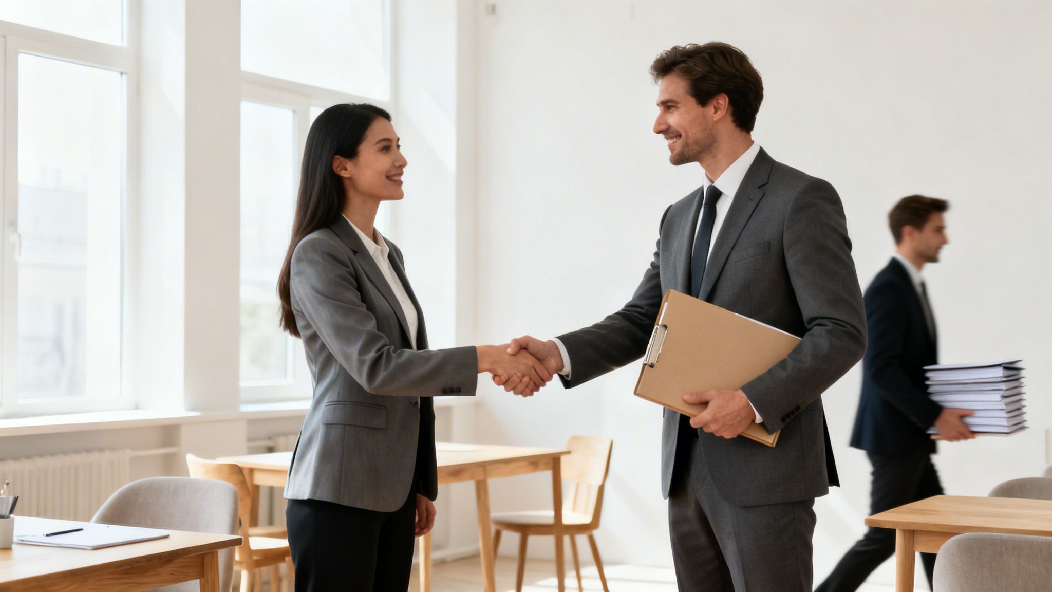Två affärspersoner skakar hand i ett ljust kontor. En tredje person bär dokument i bakgrunden.