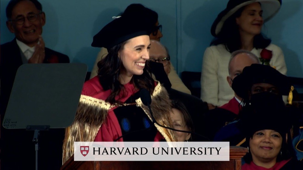 Jacinda Ardern giving the Harvard commencement address in 2022