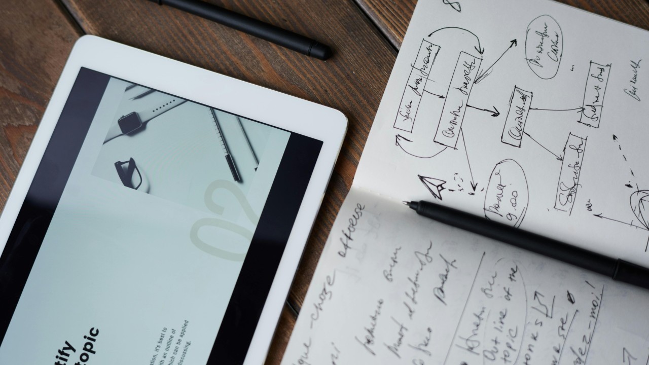 Scribbled notes and frameworks in notebooks with a tablet