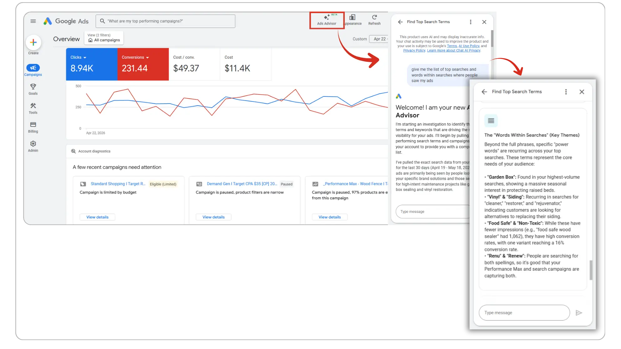 Google Ads dashboard view tracking the launch of the Ads Advisor AI chat sidebar feature. 