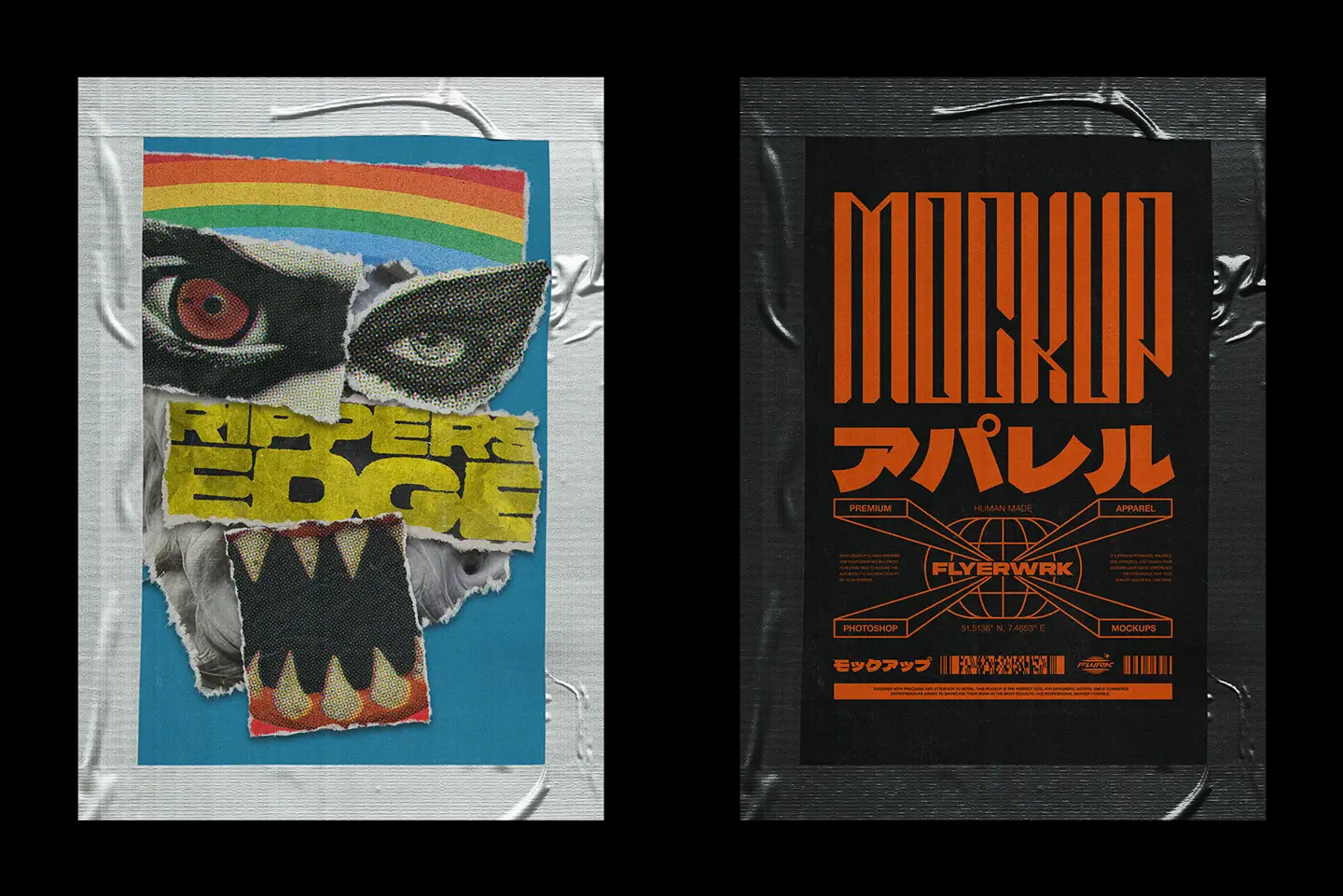 Raw taped poster mockup showcasing collage artwork and typography poster designs