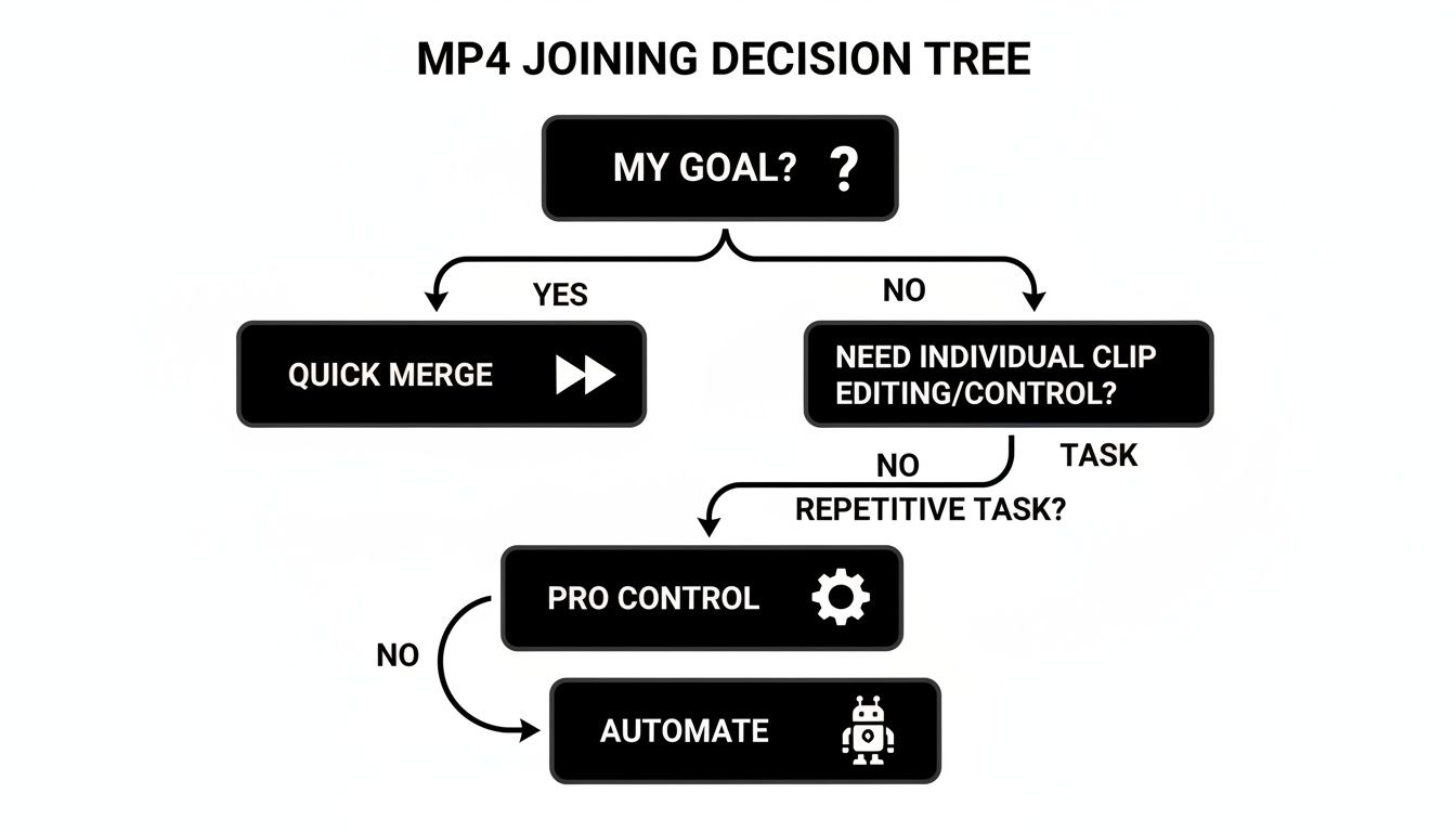 Decision tree for joining MP4 files, guiding users to quick merge, pro control, or automate.