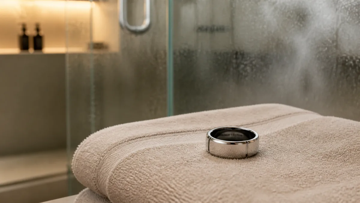 Smart tasbih ring resting on a dry towel near a steamy shower