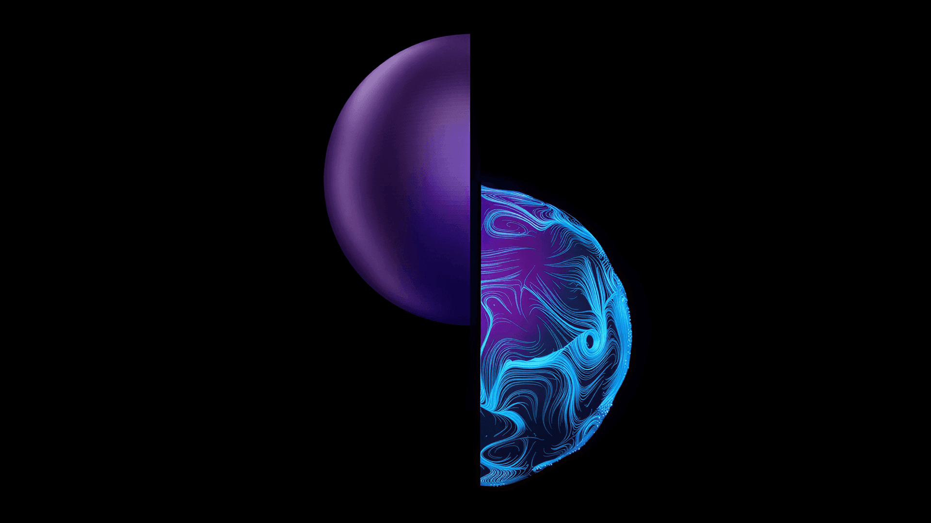 Futuristic split sphere with smooth and textured glowing surfaces