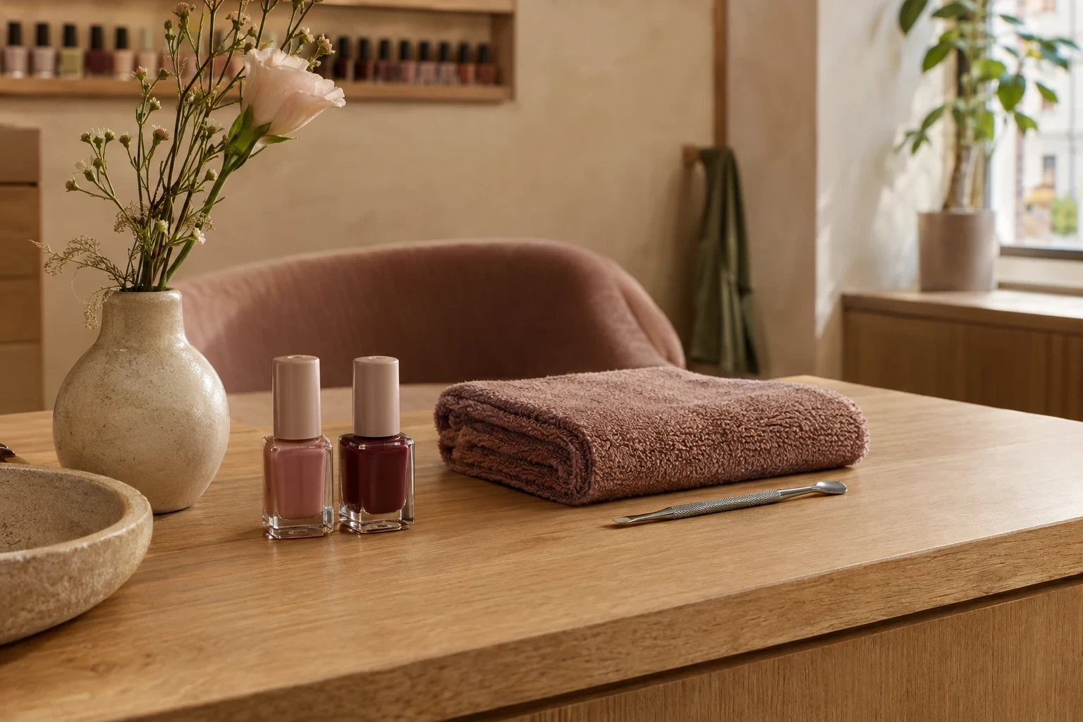 Nail polish and towel on an oak counter
