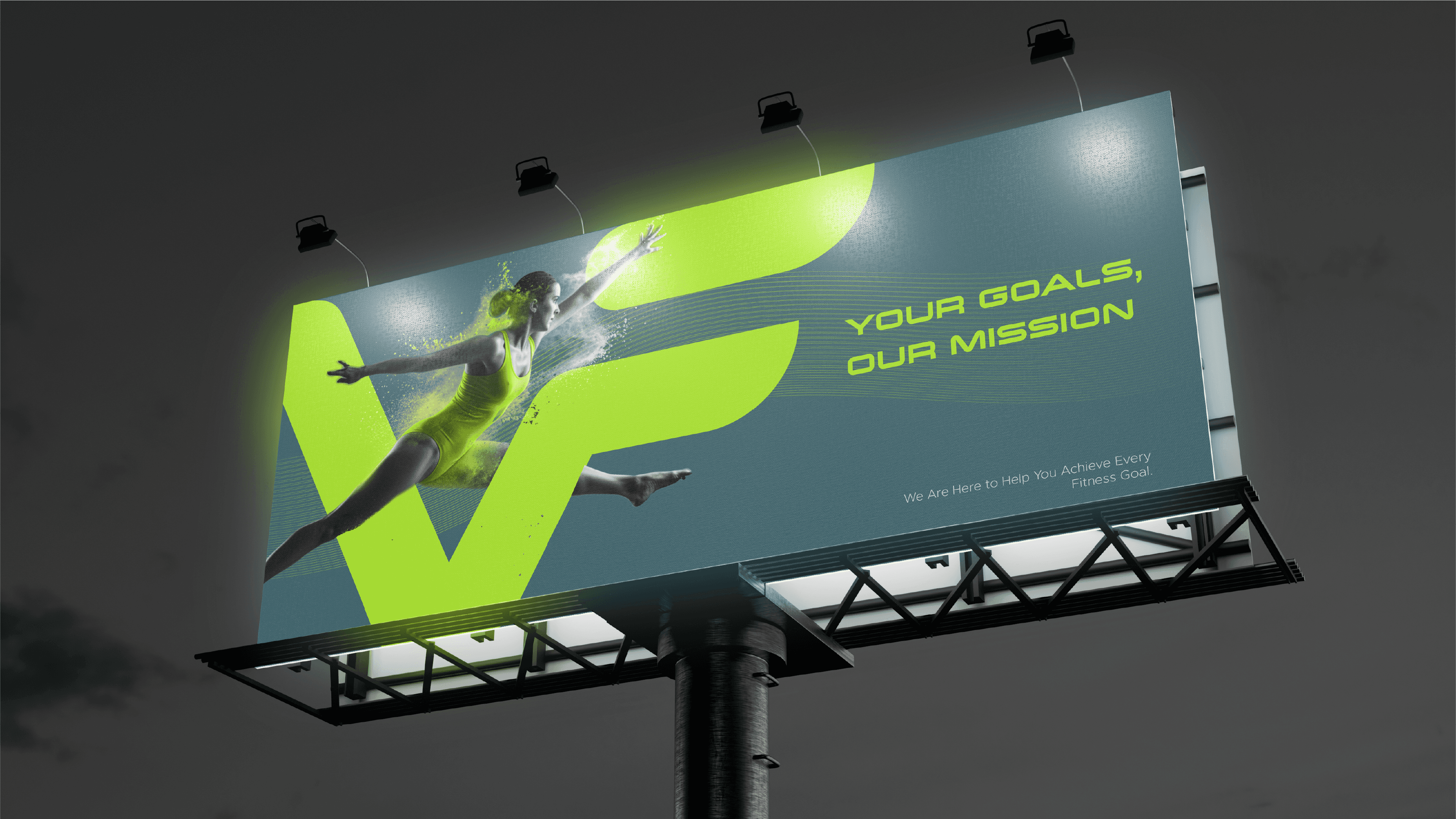 Outdoor billboard mockup for the Vita Fusion launch campaign. Displays the 'Your Goals, Our Mission' slogan and key visual, illustrating how the narrative architecture scales to large-format OOH (Out-of-Home) advertising.