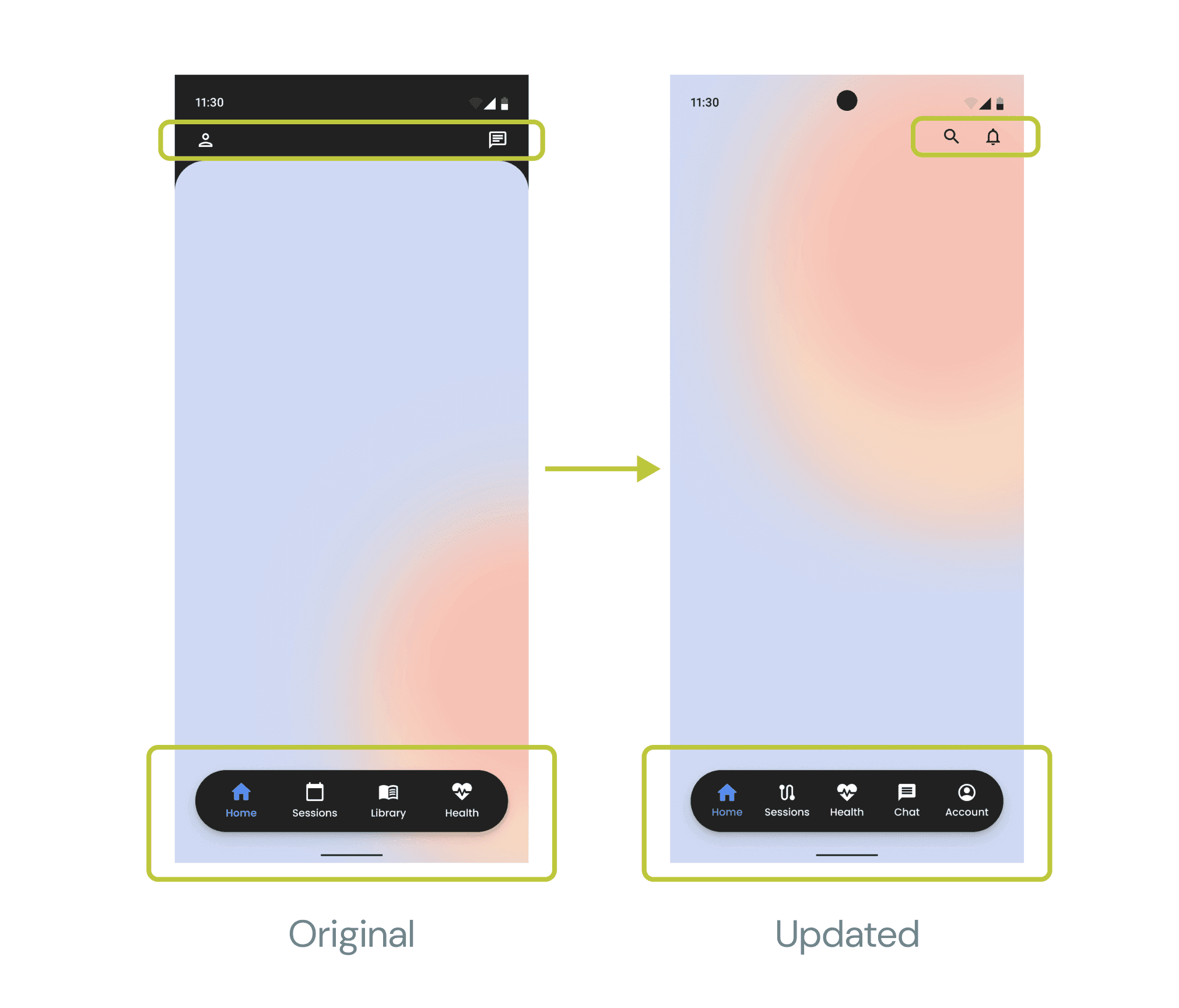 Comparison of app interfaces. The original on the left has a top bar with user and chat icons, and a bottom bar with Home, Sessions, Library, and Health icons. The updated version on the right removes the top bar, adds search and account icons beside the current time, and the bottom bar features Home, Sessions, Health, Chat, and Account icons.