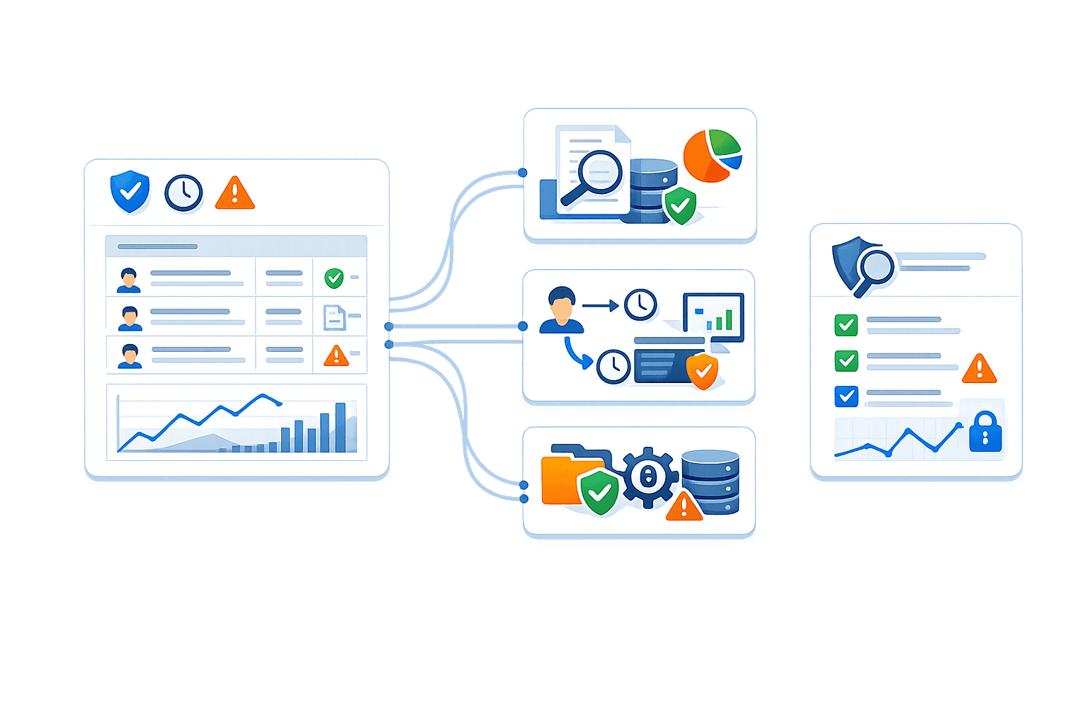 Ilustrasi integrated risk monitoring, review, dan compliance workflow. Panel kiri menampilkan dashboard utama berisi daftar entitas/pengguna dengan status aman, peringatan, dan risiko, serta grafik tren kinerja di bagian bawah. Dari dashboard ini, alur data bercabang ke beberapa modul di tengah:  Data review & analytics (dokumen, database, grafik, ikon centang),  Activity & time‑based assessment (profil pengguna, jam, grafik, perisai),  Secure processing & configuration (folder, roda gigi, database dengan peringatan).  Di sisi kanan terdapat summary & compliance panel dengan checklist status, indikator peringatan, grafik tren, dan ikon gembok, menggambarkan validasi, pemantauan risiko, serta pelaporan kepatuhan secara end‑to‑end dalam satu ekosistem terintegrasi.