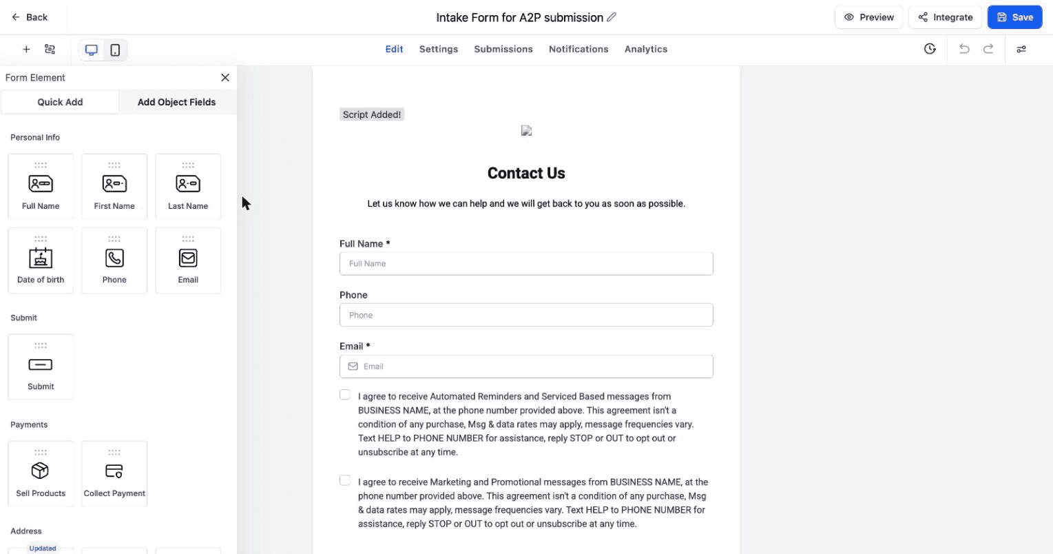 Your intake form with the SMS consent checkboxes customers tick themselves