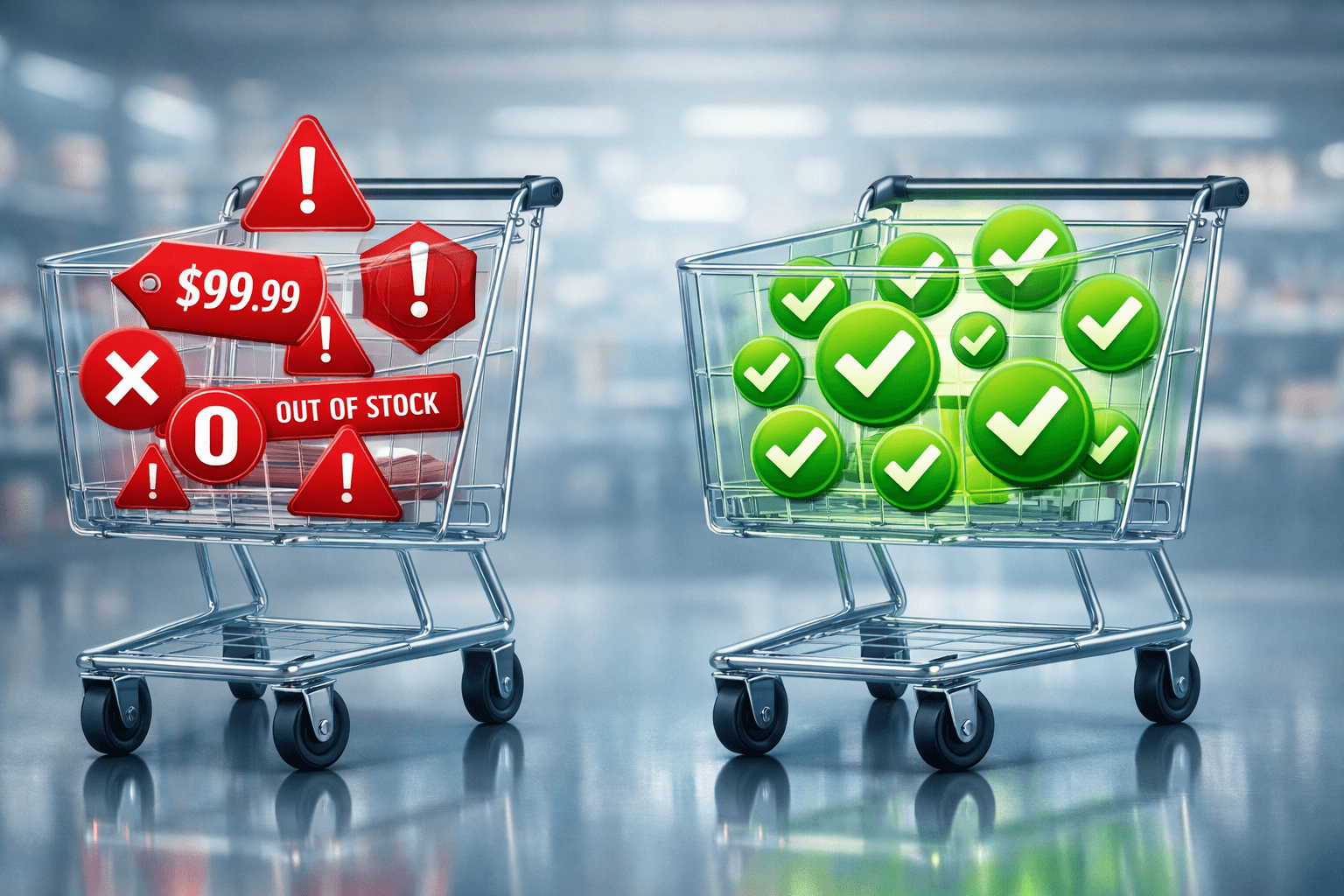 Dois carrinhos de compras transparentes em 3D lado a lado, um com alertas de erro de preço e estoque (ícones vermelhos) e outro com confirmações de pedido (checks verdes), representando a diferença entre um carrinho com falhas e uma experiência de compra B2B fluida.