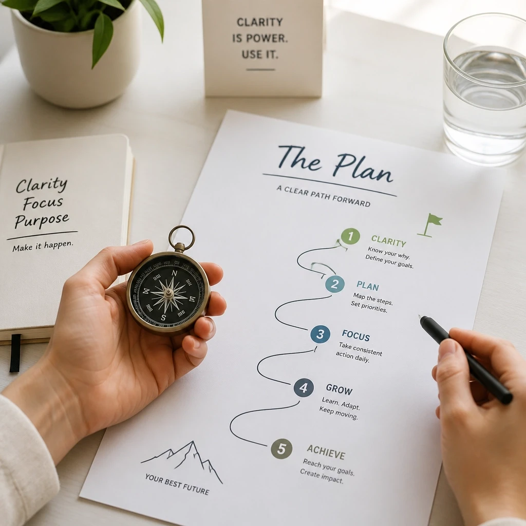 A focused, bright scene of a person using a compass and looking at a roadmap on a clean desk, symbolizing clarity and mapping a plan