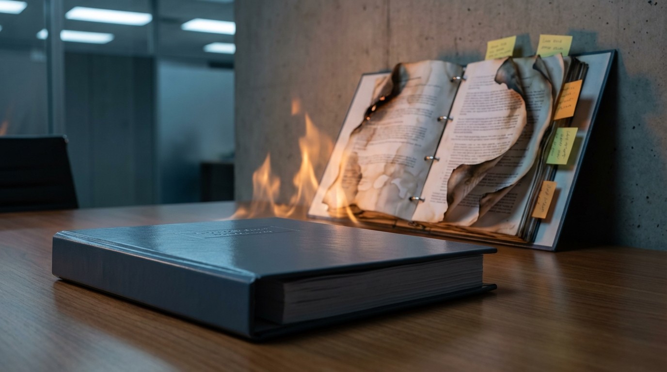 Two identical document binders shown together. In the foreground, one binder sits closed, pristine, and reflective on a polished boardroom table. In the background, the same binder appears scorched at the edges, water-damaged, and open with curled, smoke-stained pages protruding — a visual metaphor for the gap between a disaster recovery plan as written and the same plan during a real incident.
