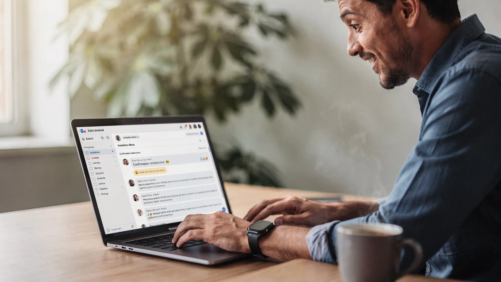 Un commercial ouvre son ordinateur un lundi matin et découvre plusieurs invitations de démo déjà planifiées, avec un fil d’emails de qualification personnalisé envoyé pendant la nuit par un assistant IA, l’ambiance montre un bureau calme et une tasse de café.