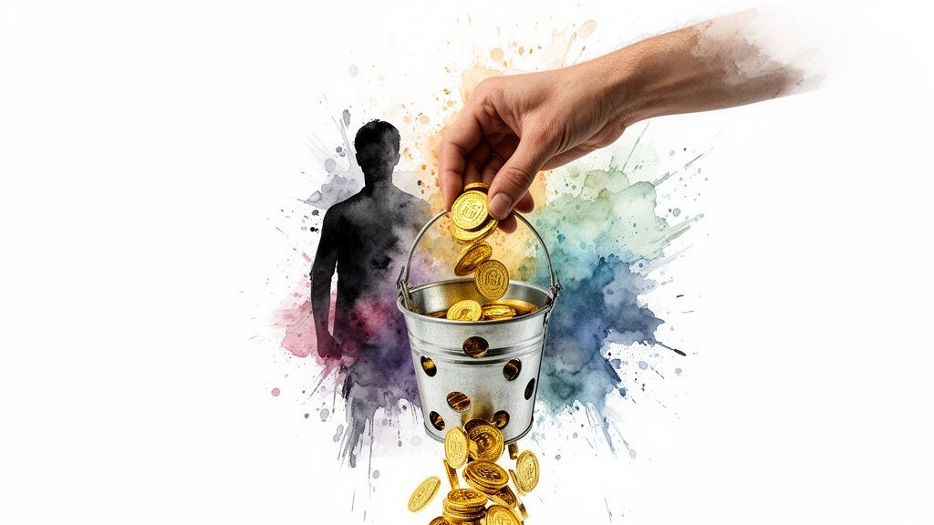 A hand puts gold coins into a leaky bucket, symbolizing financial loss or poor retention.