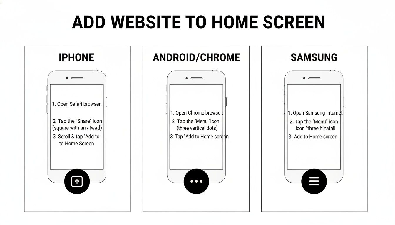 Visual guide showing how to add a website to the home screen on iPhone, Android/Chrome, and Samsung devices.