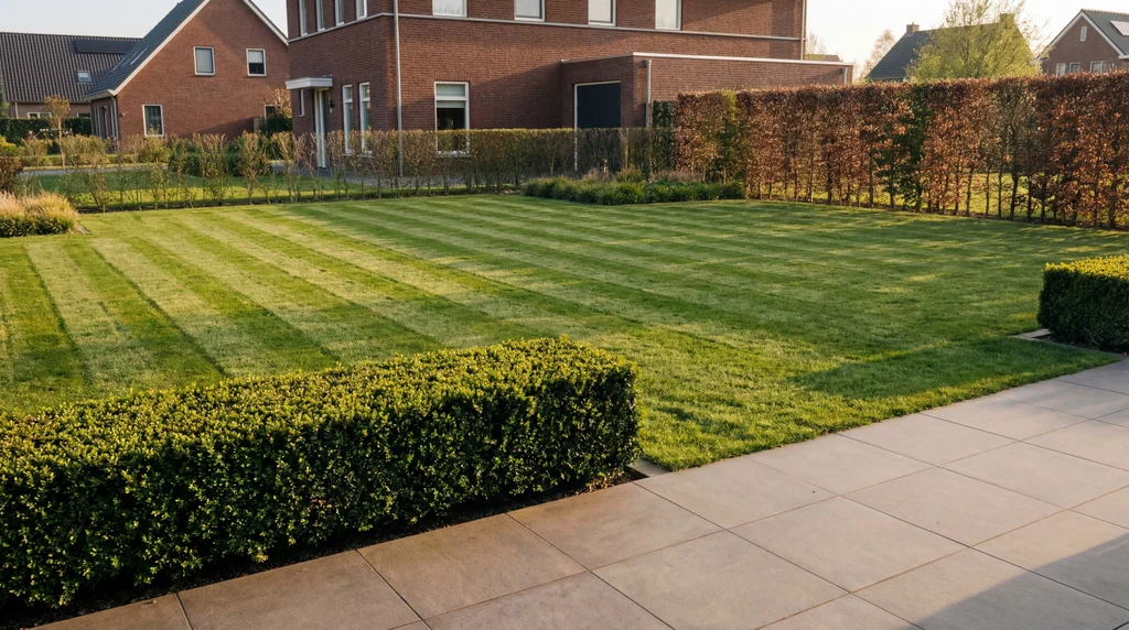 Verzorgde particuliere tuin met groen gazon, heggen en terras, omringd door bakstenen huizen.