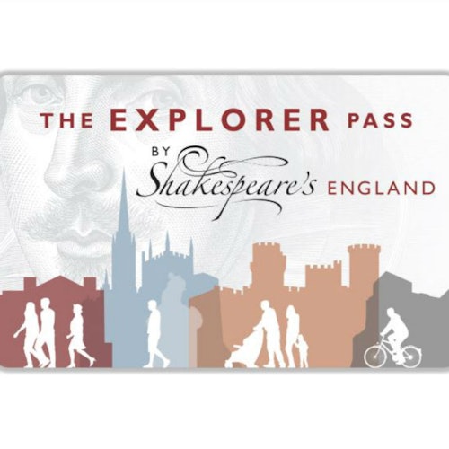 "Der Entdecker-Pass von Shakespeare's England" Text über Silhouetten von gehenden Menschen, einem Radfahrer und historischen Gebäuden.